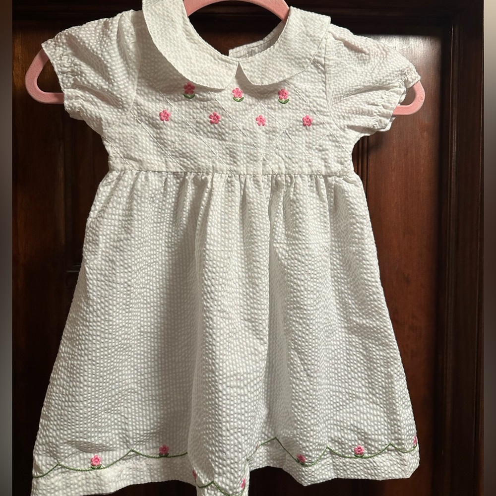 Lil Cactus White seersucker Dress with Pink Floral Embroidery
